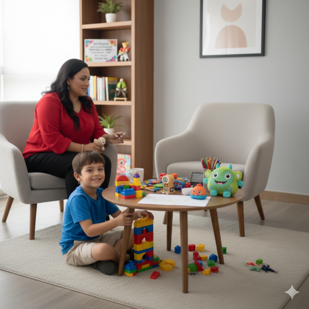 Niño con la psicóloga Rocio, resive terapia de juego PSICÓLOGO para Adolescentes en Iztapalapa CDMX | Psic. Rocío | Unidad Modelo